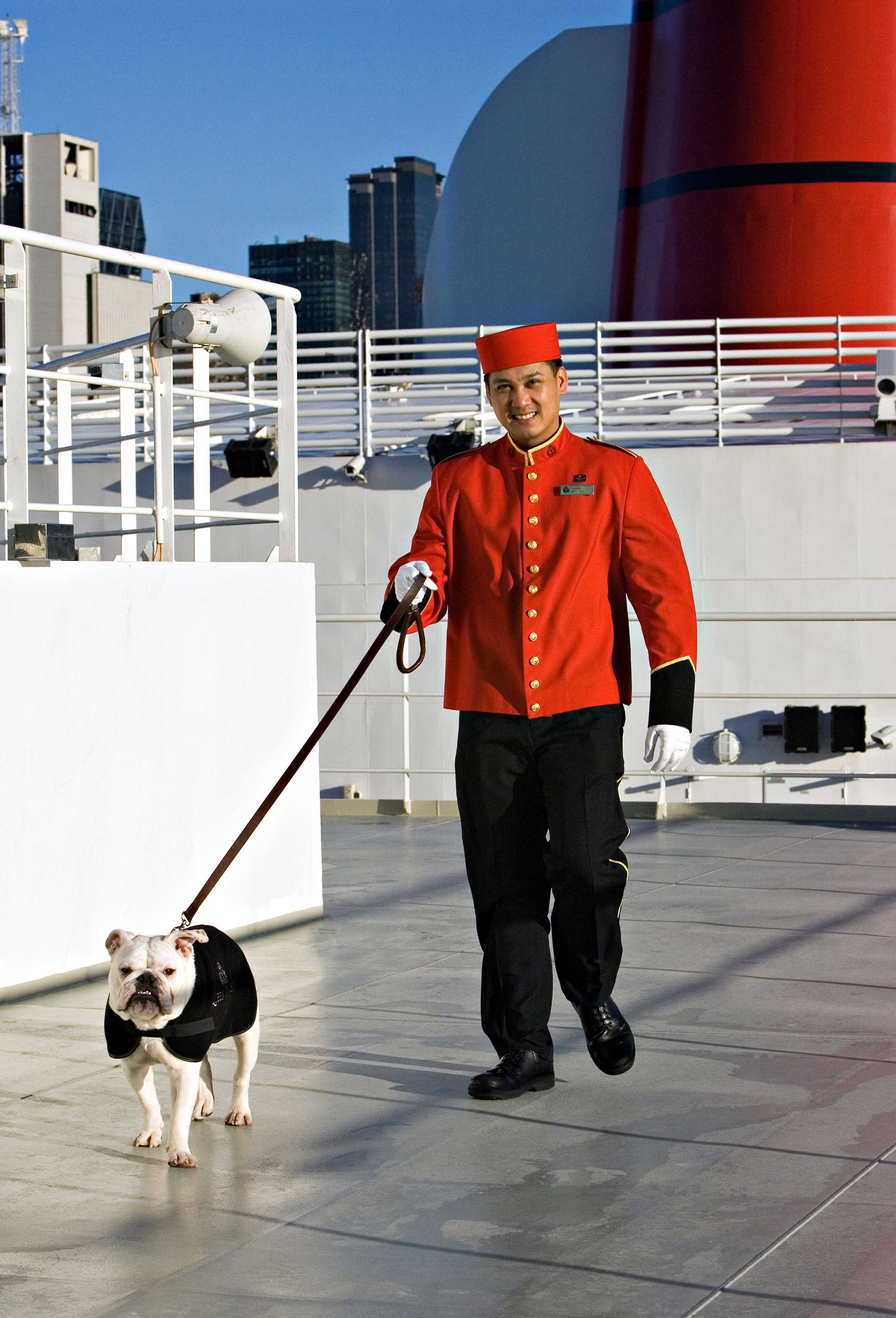 Queen Mary 2 Steward walks Bulldog in Cunard Coat on Deck