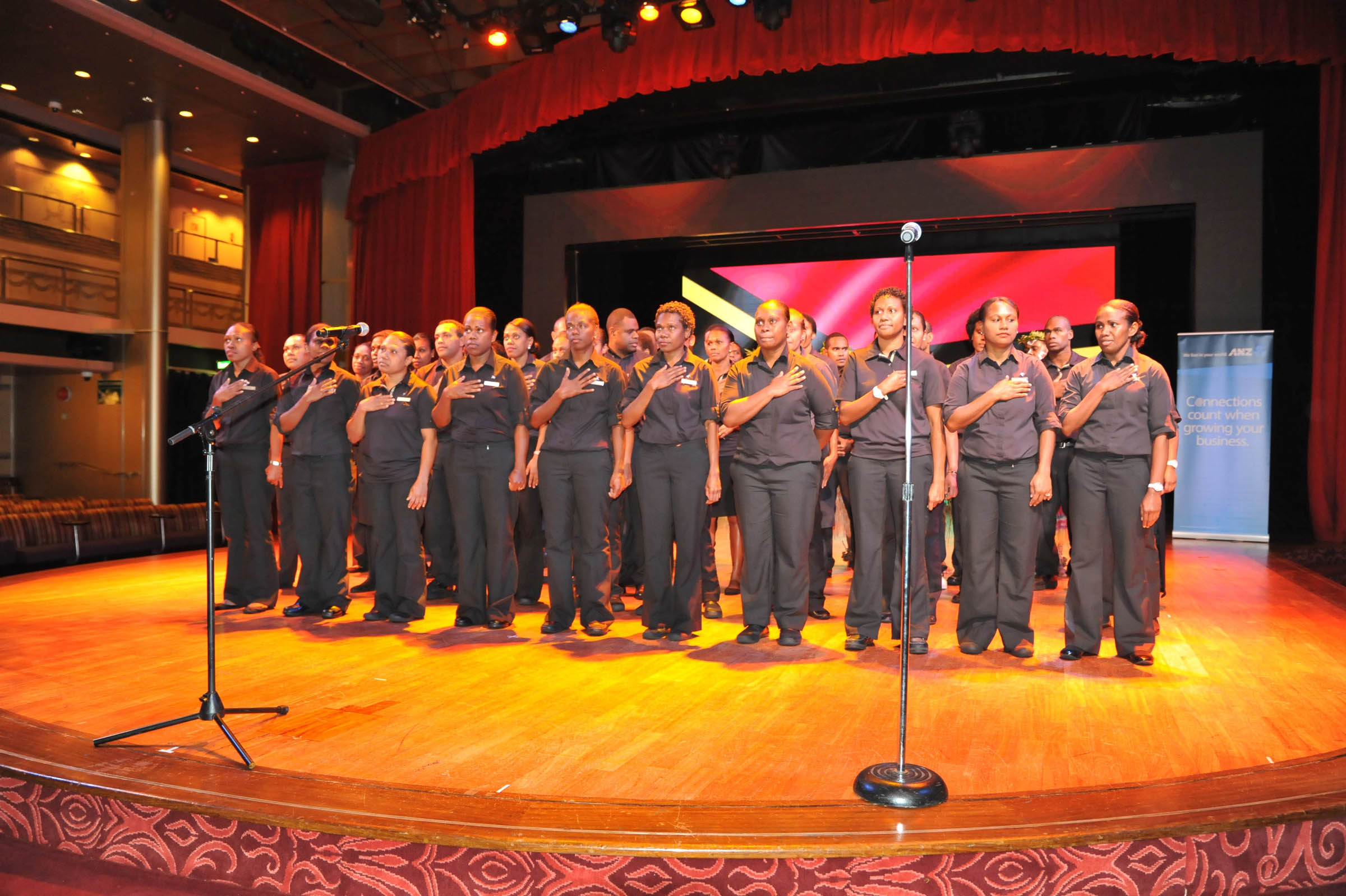 Vila Ni Van Crew on PO Cruises Pacific Dawn sing Vanuatus National Anthem